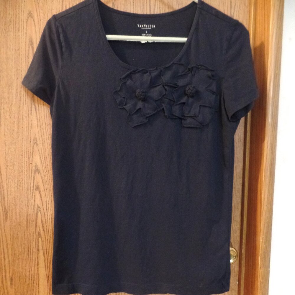 Van Heusen Ladies' Navy Blue Pullover with Flower Embellishment, Size L